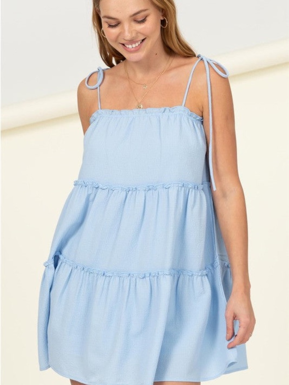 Light Blue Tiered Tie-Shoulder Sundress